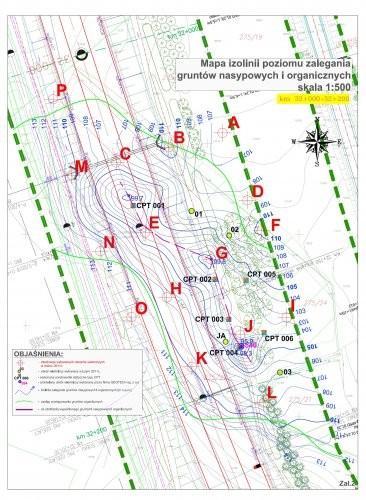 mapa izolinii poziomu zalegania gruntów nasypowych i organicznych