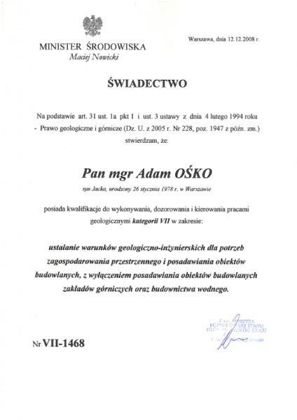 Uprawnienia geologiczne VII Adam Ośko