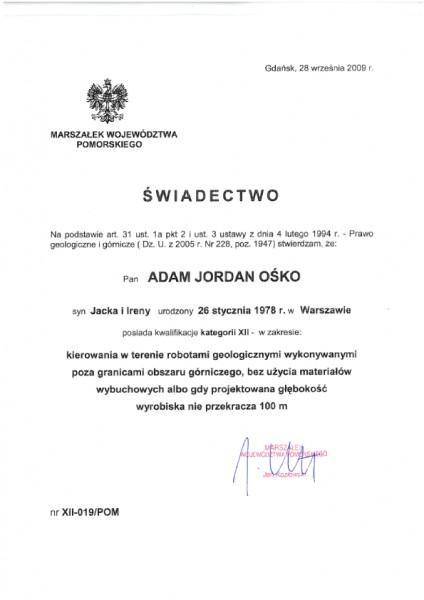 Uprawnienia geologiczne XII Adam Ośko